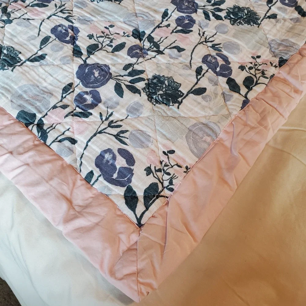 Aden + Anais Essentials Floral Muslin Baby Blanket Pink Blue Quilted 38x47in
